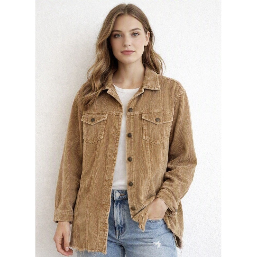 POL Tan Corduroy Frayed Hem Shacket Small Boho Button Up Jacket